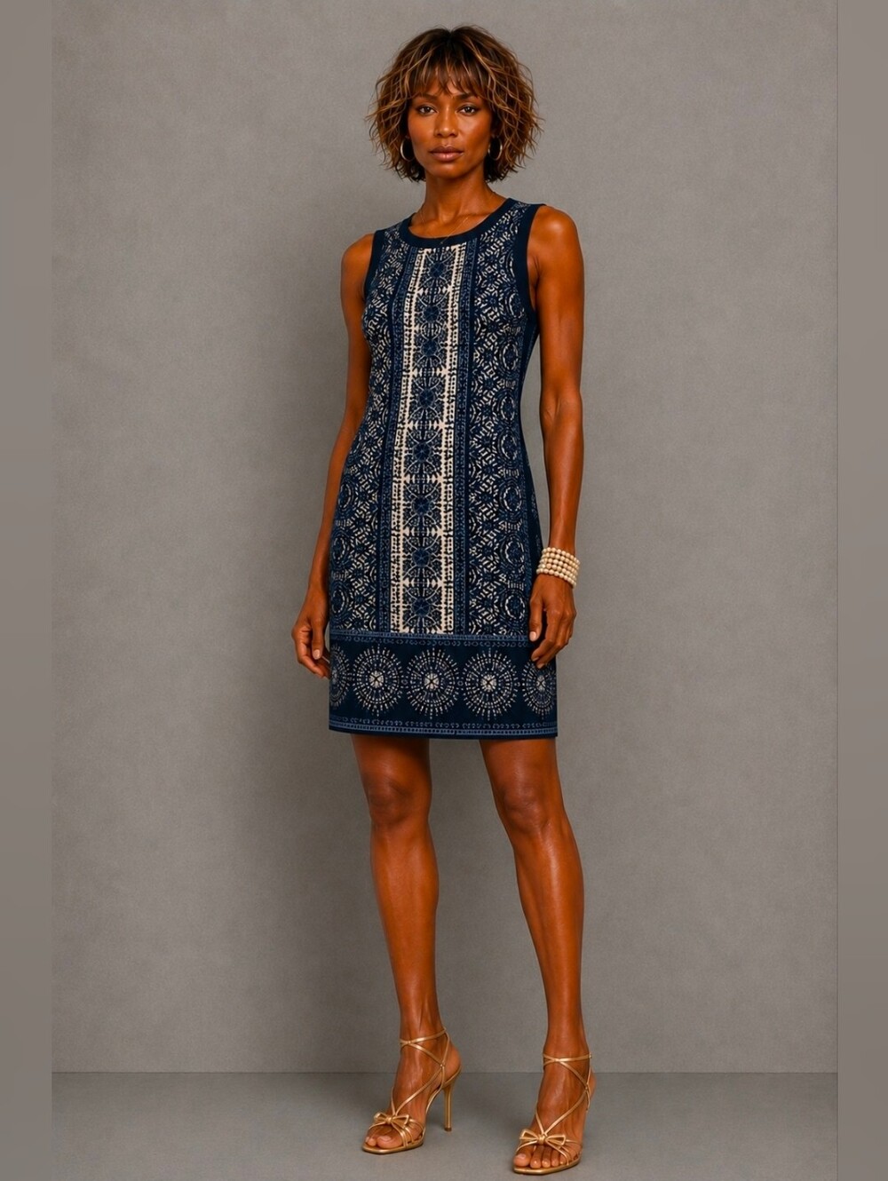 London Times Navy and Cream Printed Sleeveless Midi Dress Size 4 NEW